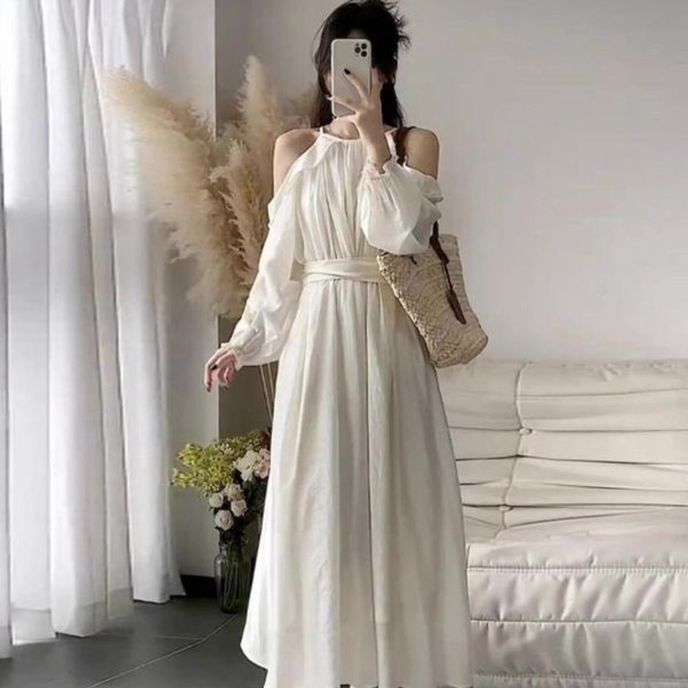 f french gentle style white high collar dress fairy autumn