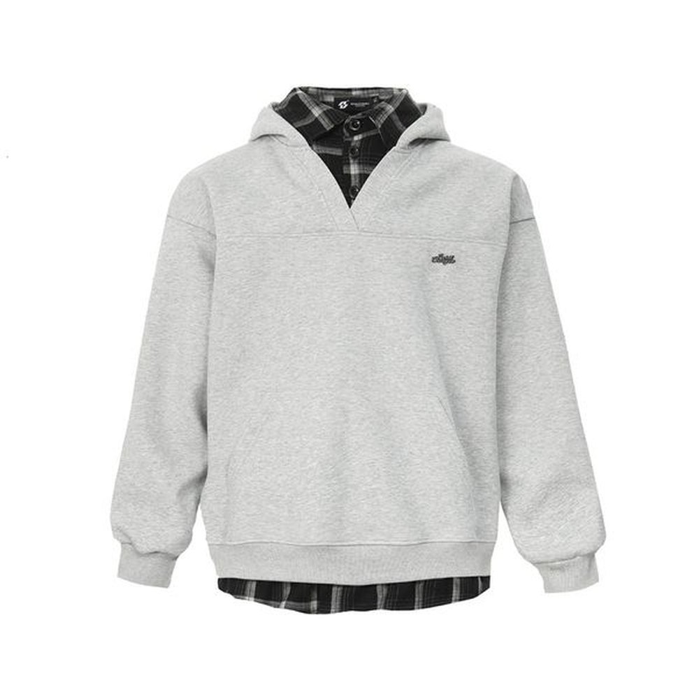 Fake two hoodies men's niche trendy brand spliced plaid shirt with lapel, pullover, hoodie, personalized design top