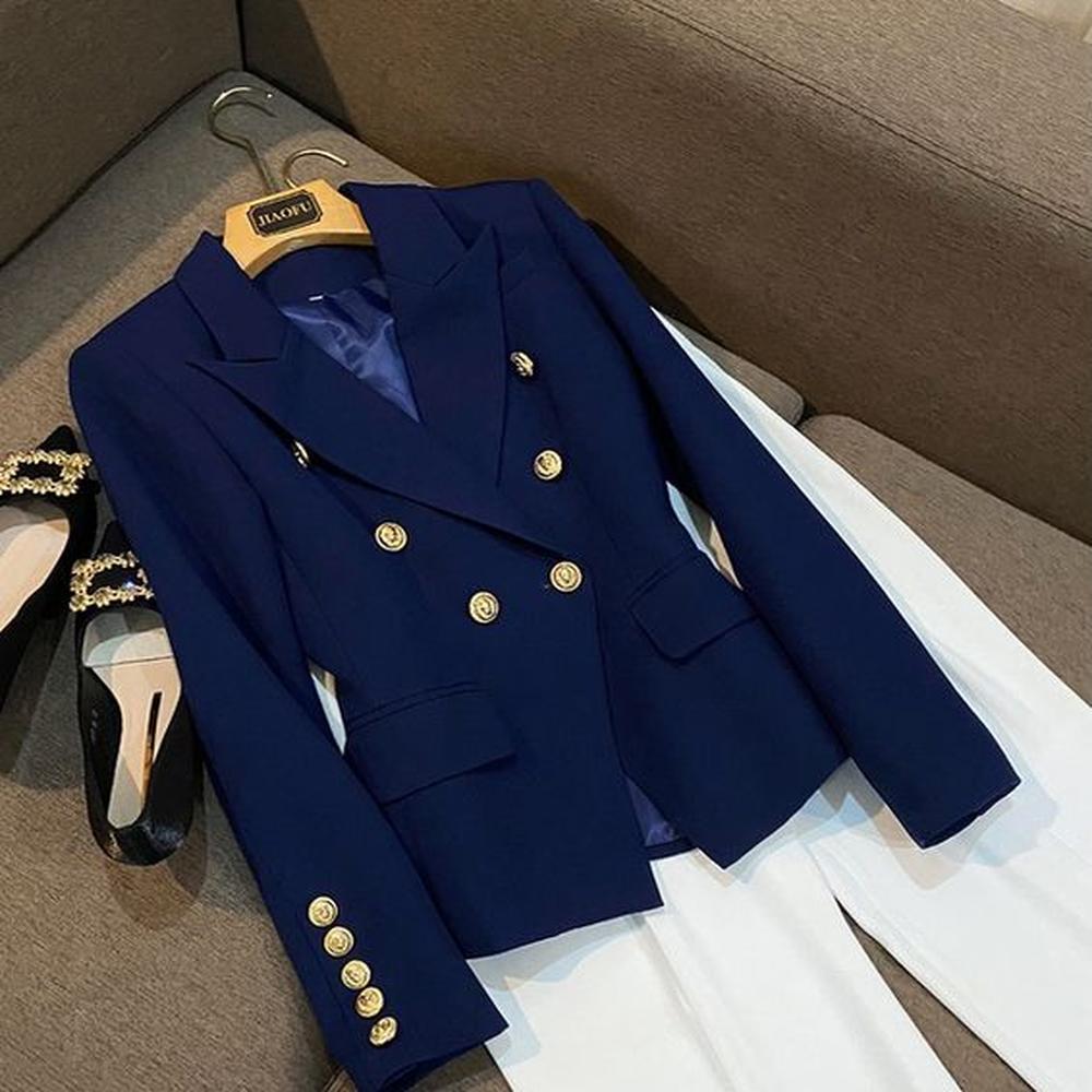 fall autumn long sleeve notchedlapel navy blue solid color
