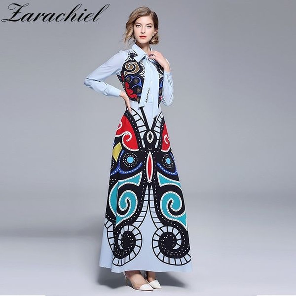 fall runway lady bow belt vintage print turndown collar long