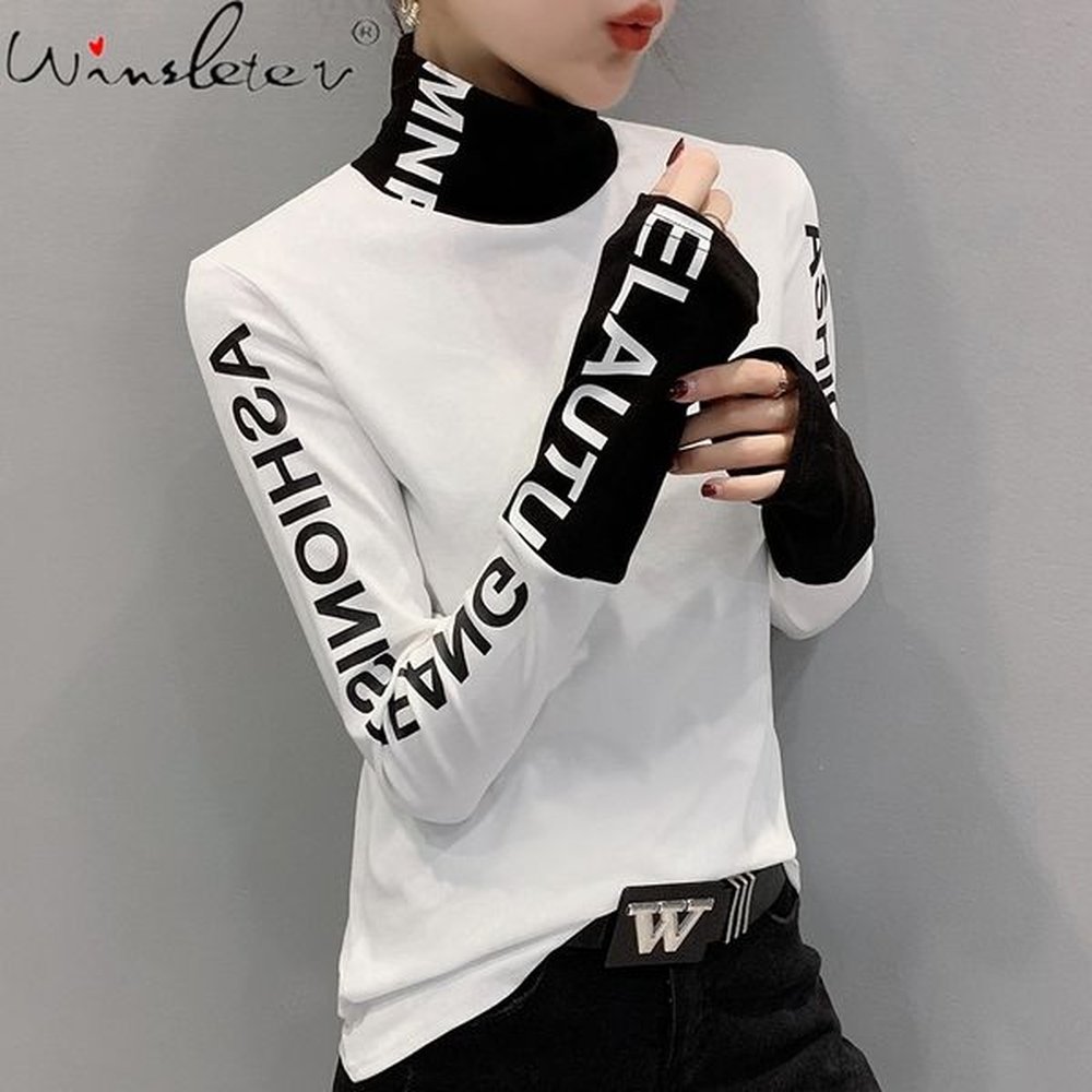 fall winter european clothes tshirt chic patchwork letter thick broshed