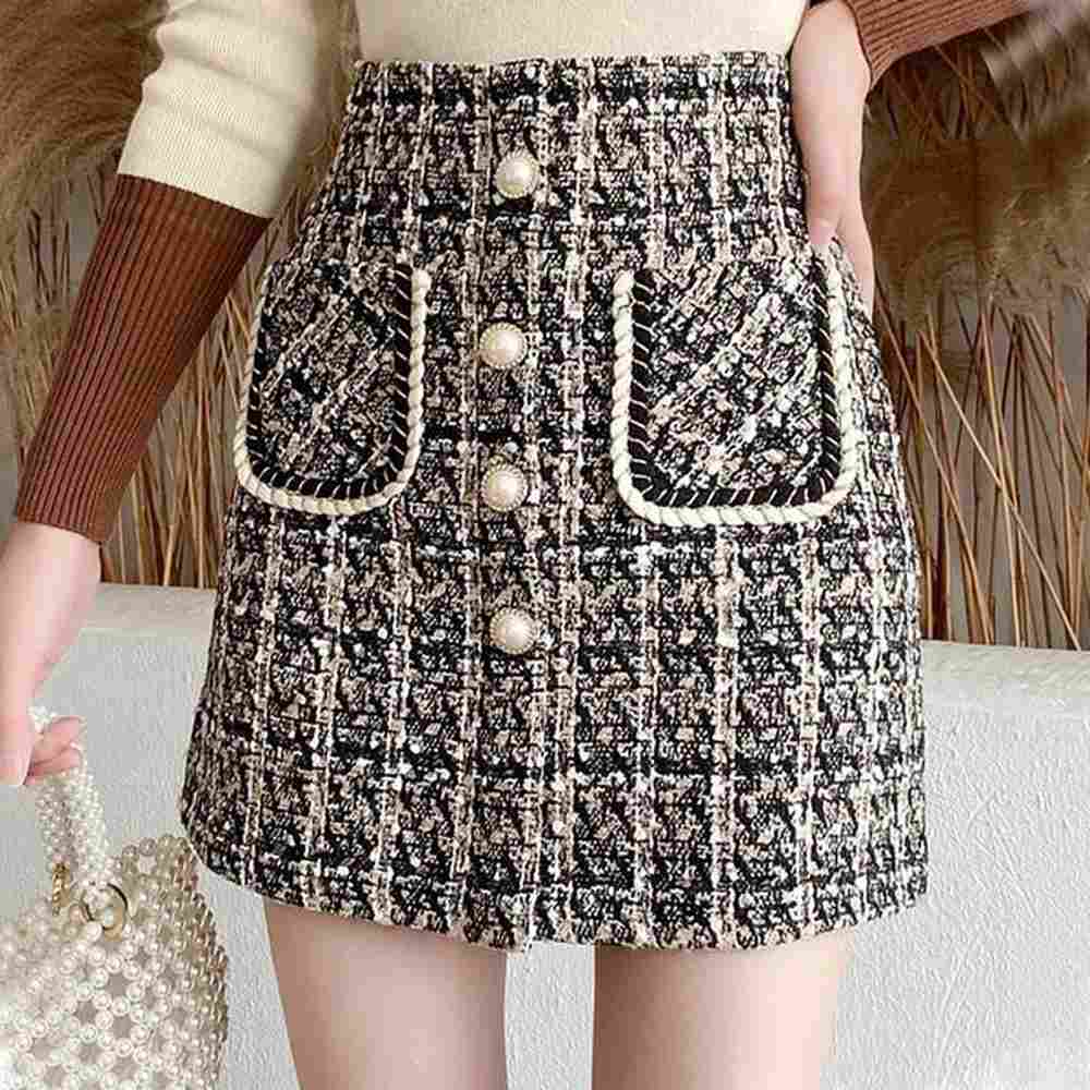 fall winter plaid tweed skirt womens thick woolen pearl button