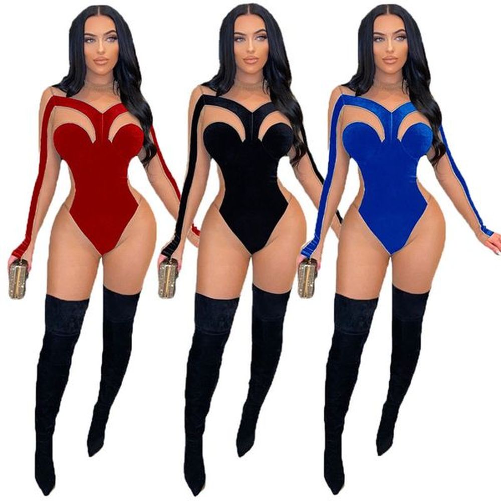 fall winter velvet jumpsuits women velour mesh rompers long sleeve