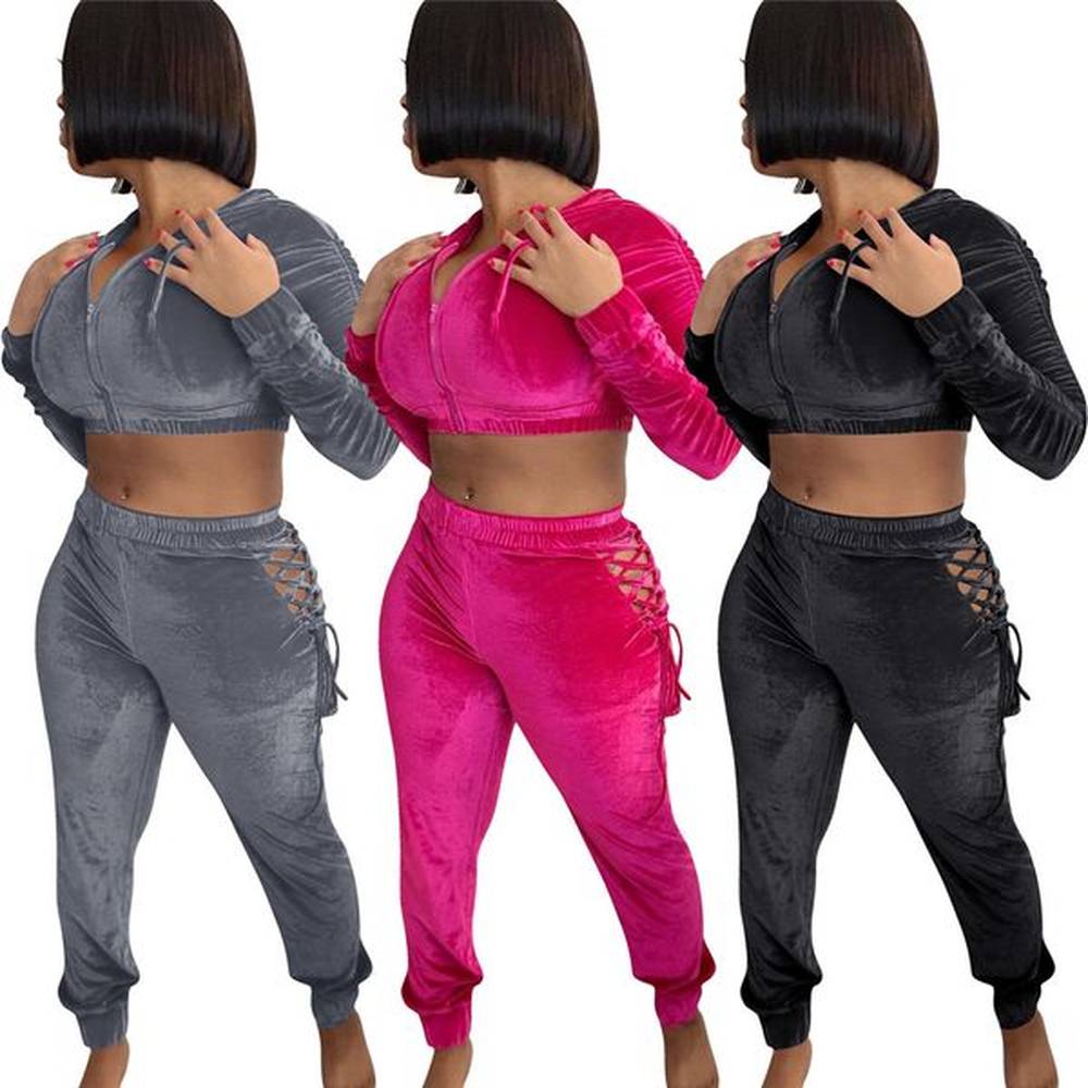 fall winter velvet tracksuits women sweatsuits long sleeve hooded jacket