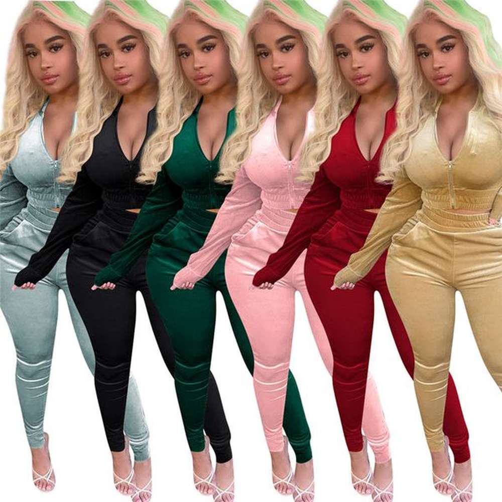 fall winter velvet tracksuits women sweatsuits long sleeve velour jacket