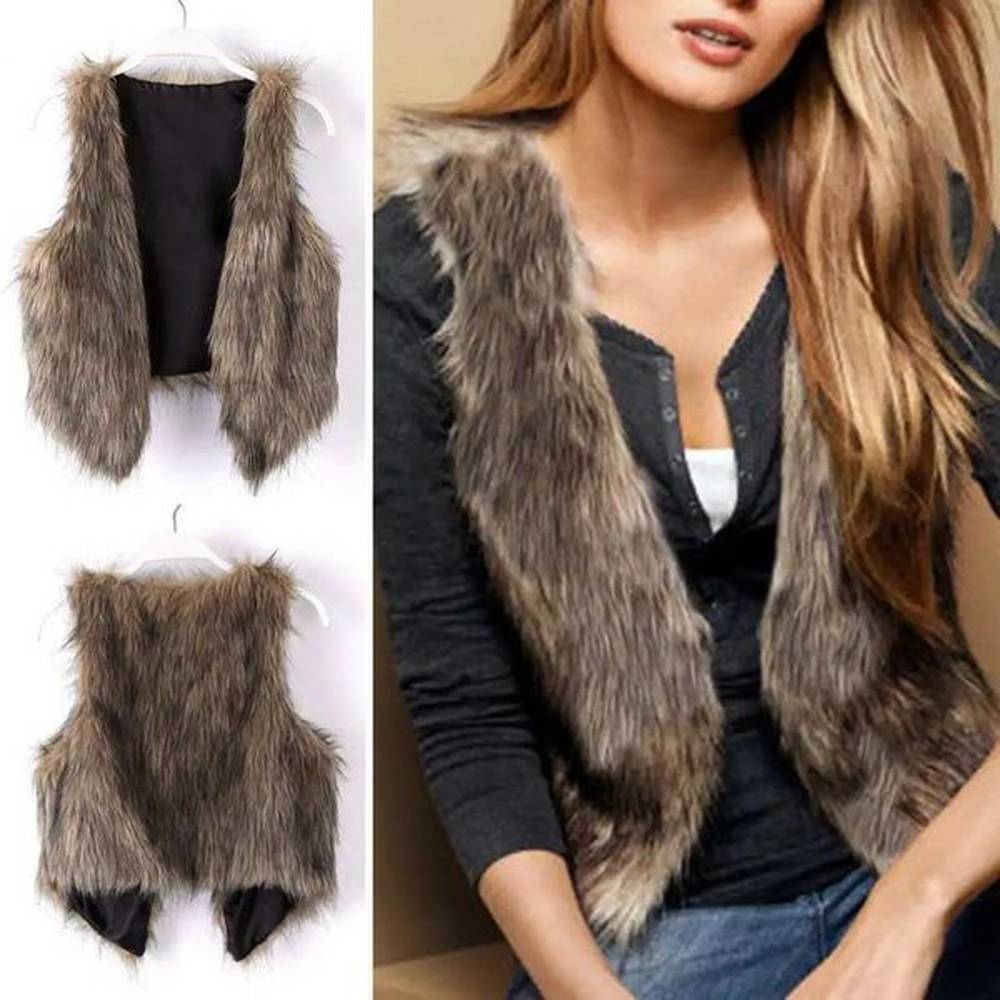 fall winter women jacket vest leather fur fluffy sleeveless cardigan