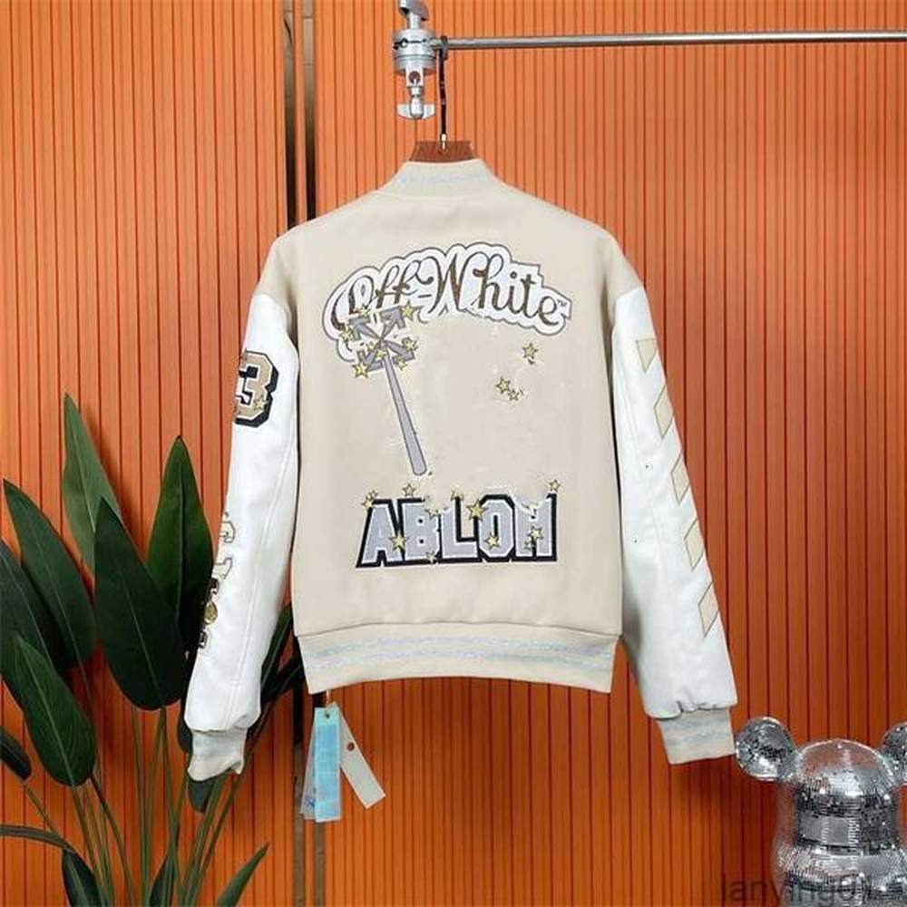 Fall/winter Off Brand White Jacket 2023 Fashion New Hand-embroidered Wool Bomber Coat Men's and Women's Baseball Coats