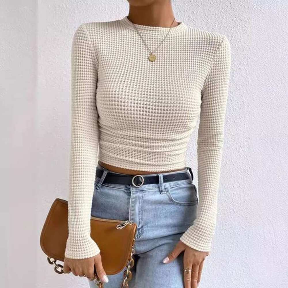 fallwinter slim fit versatile long sleeved plaid round womens tshirt
