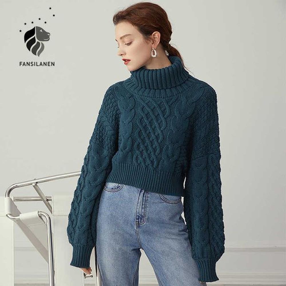 fansilanen twist turtleneck knitted sweater women long sleeve casual winter