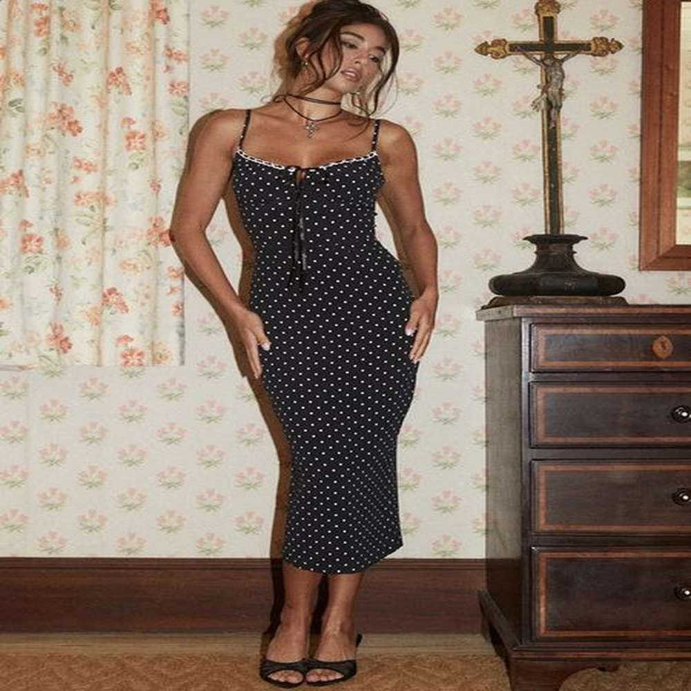 fantoye sexy backless print dot womens maxi dress black spaghetti