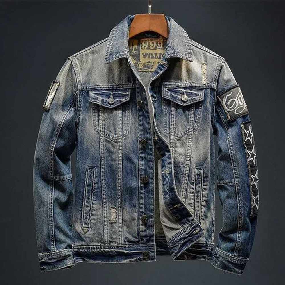 Fashion American Paste Cloth Embroidery Denim Coat Mens Nostalgic Retro Lapels Street Slim-Fitting Biker Jacket X250113