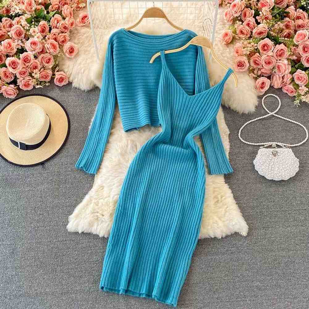 fashion autumn loose round neck short knitted two piece