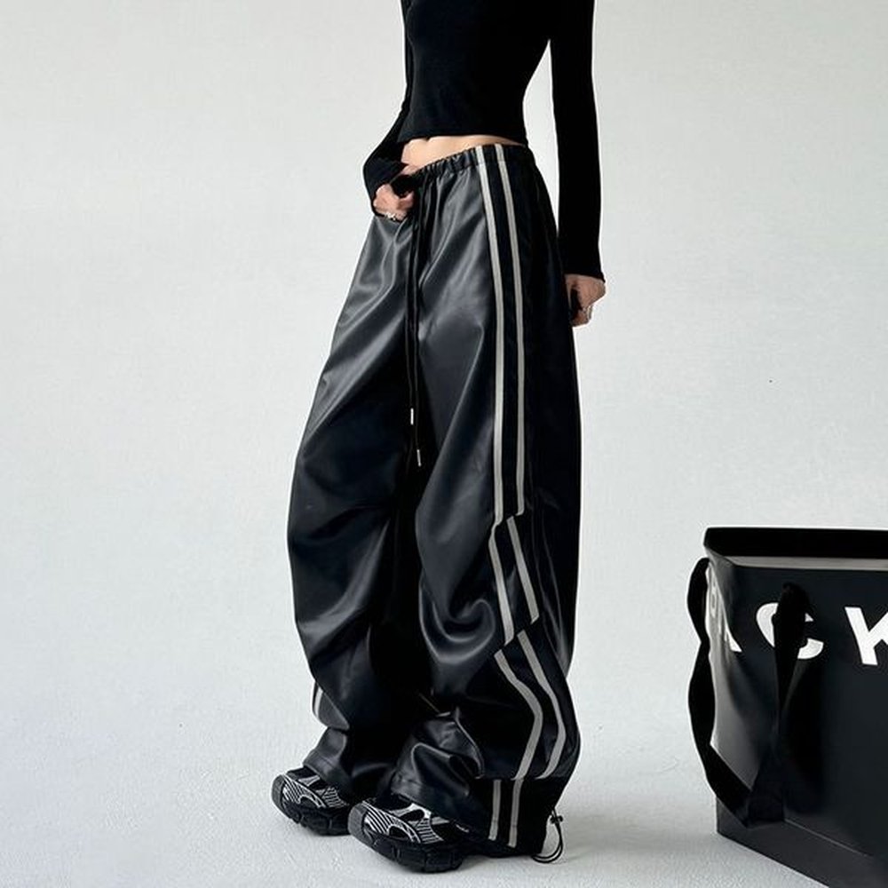 fashion black pu leather side striped casual women retro street