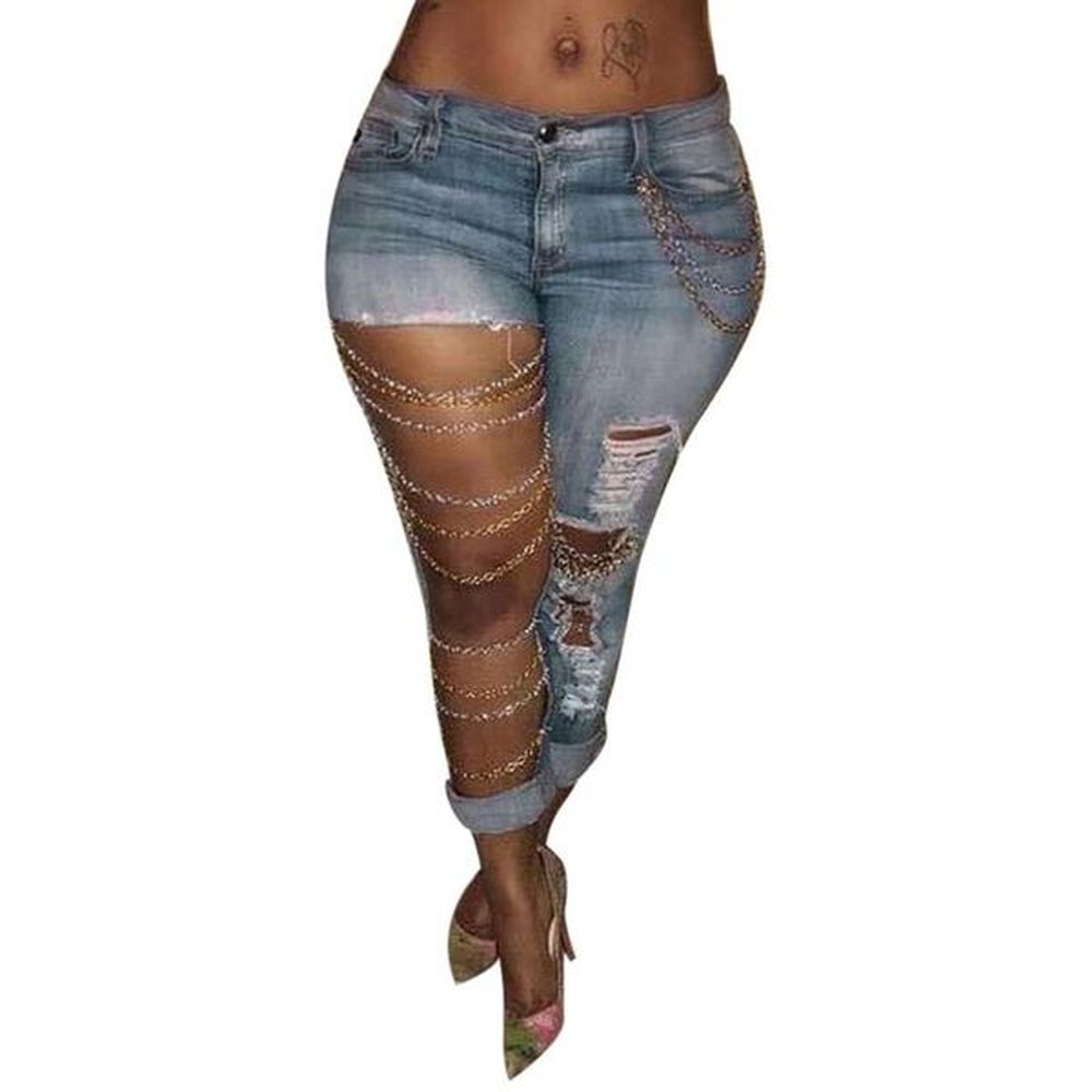 fashion bold design women slim denim jeans ripped chain big