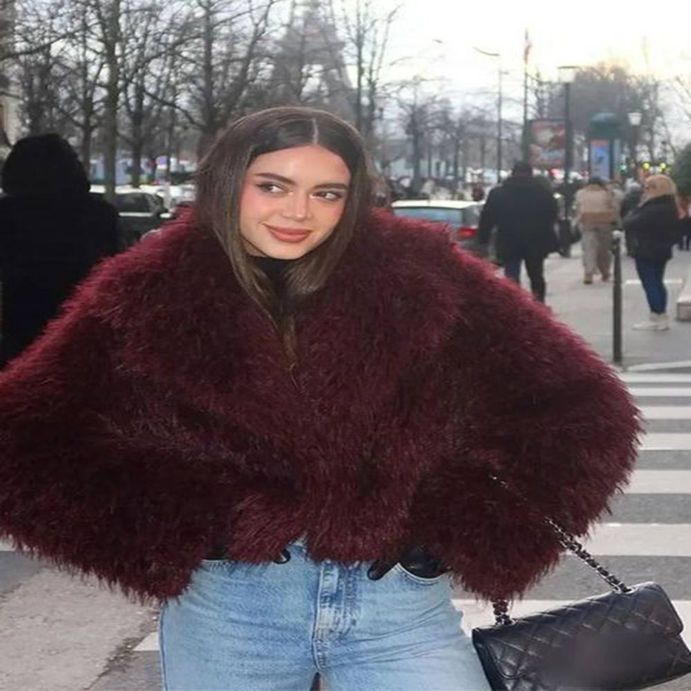 fashion burgundy red warm collar fluffy faux fur coat warm
