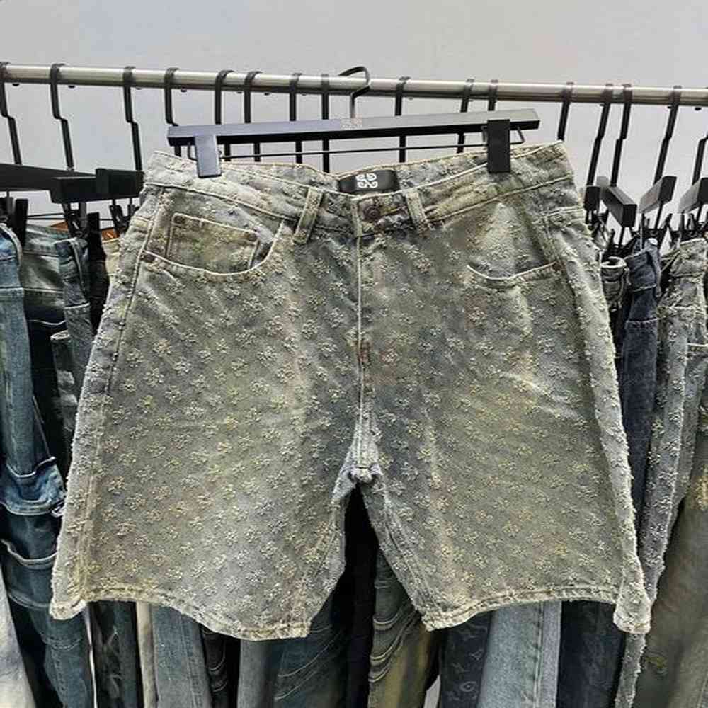 Fashion Casual Summer Light Blue Distressed Men Denim Shorts Smart Straight Leg Loosen Male High Street Niche horts 241228