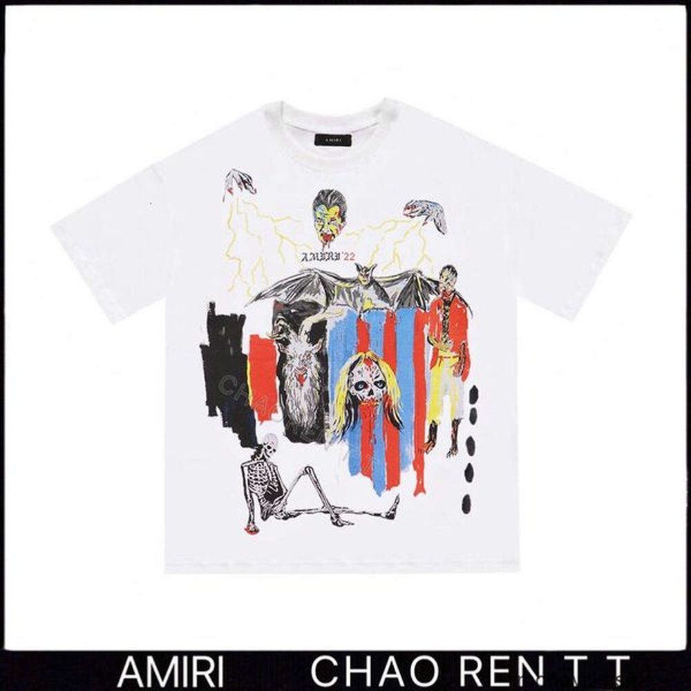 Fashion Clothing Mens Designer Tees TShirts Amires 23xf American Hiphop Skull Lightning Graffiti H painted Portrait Printing Shortsleeved Ro