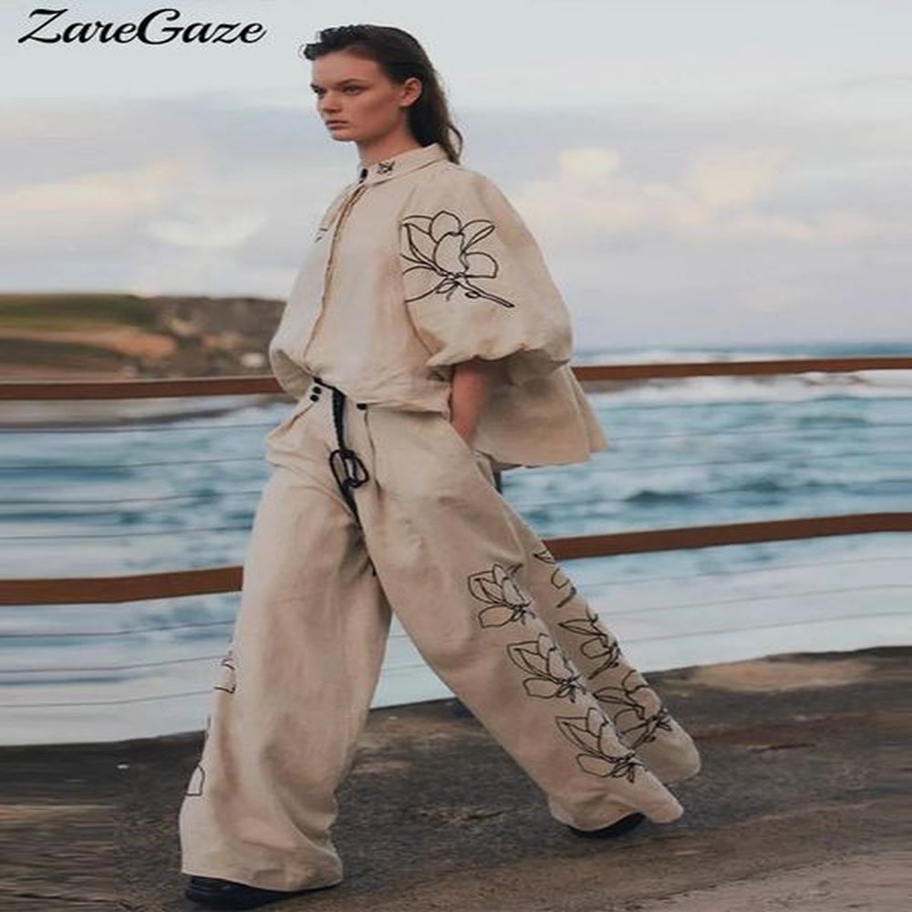 fashion cotton en printed pants suit women retro bubble sleeve