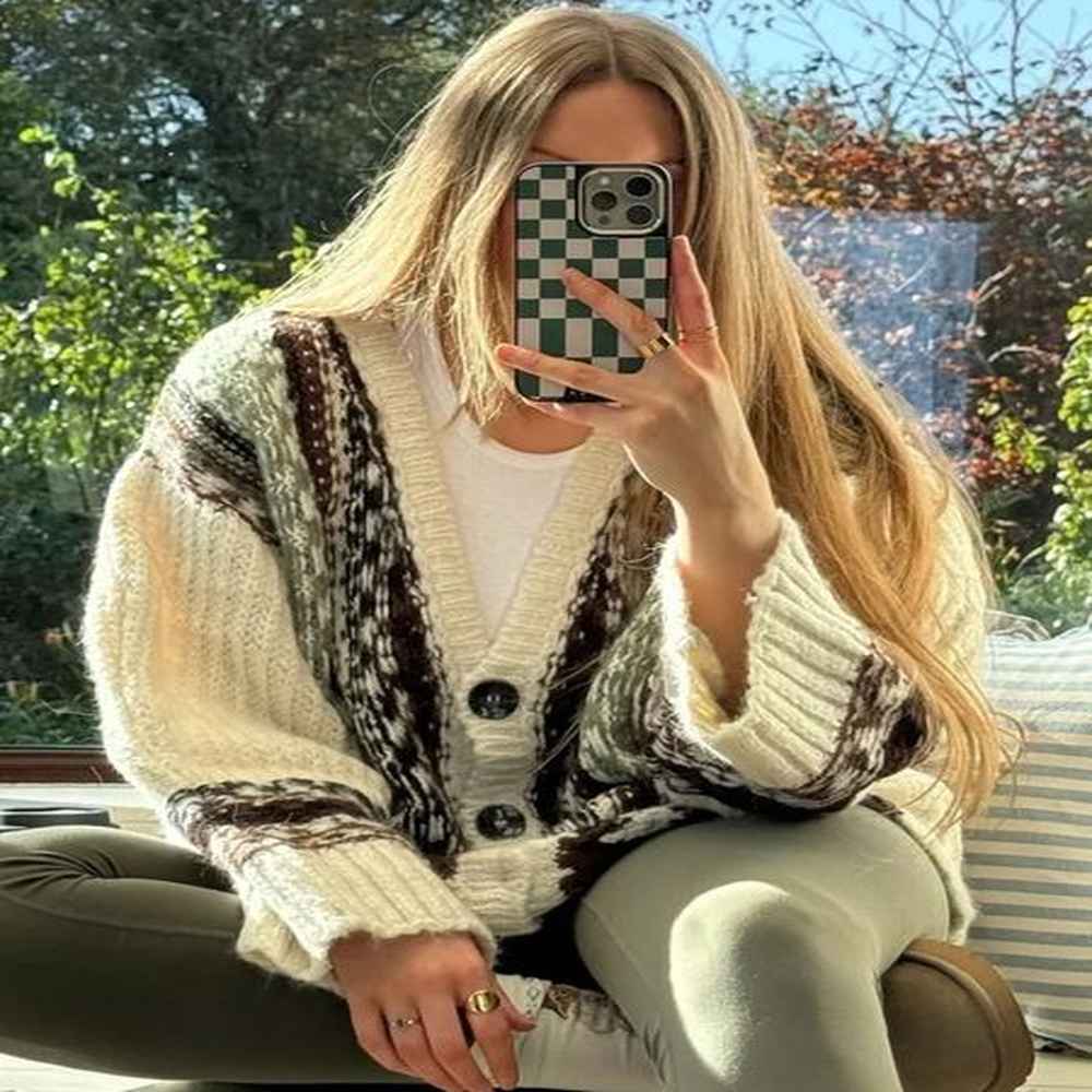 fashion crochet knitting sweater women retro vneck long sleeve oversize