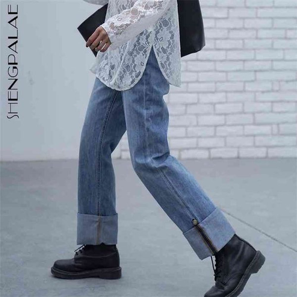 fashion cuffs jeans womens summer highg waist light blue loose