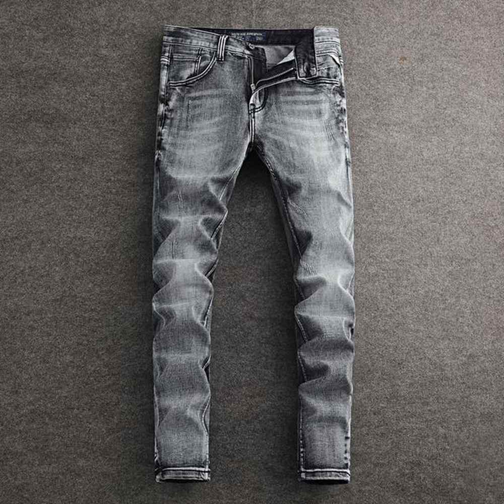 Fashion Designer High Quality Retro Dark Gray Stretch Slim Fit Ripped Jeans Men Italian Style Vintage Denim Pants