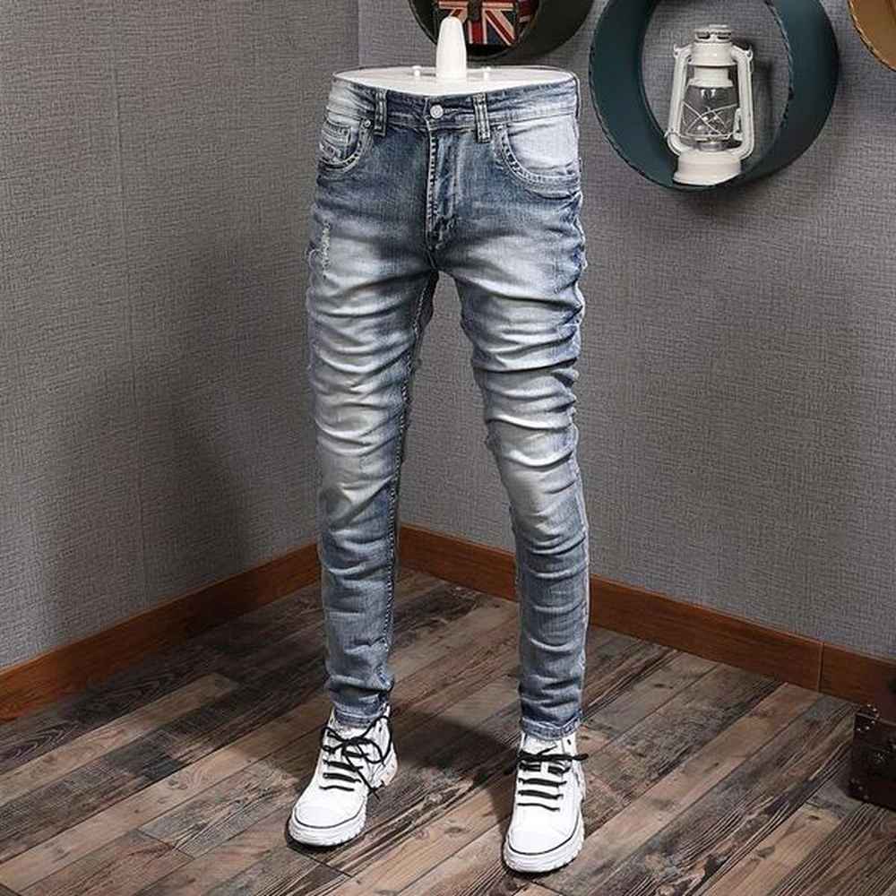 Fashion Designer Retro Light Blue Stretch Slim Fit Printed Ripped Jeans Men Hole Trousers Vintage Casual Pants Hombre