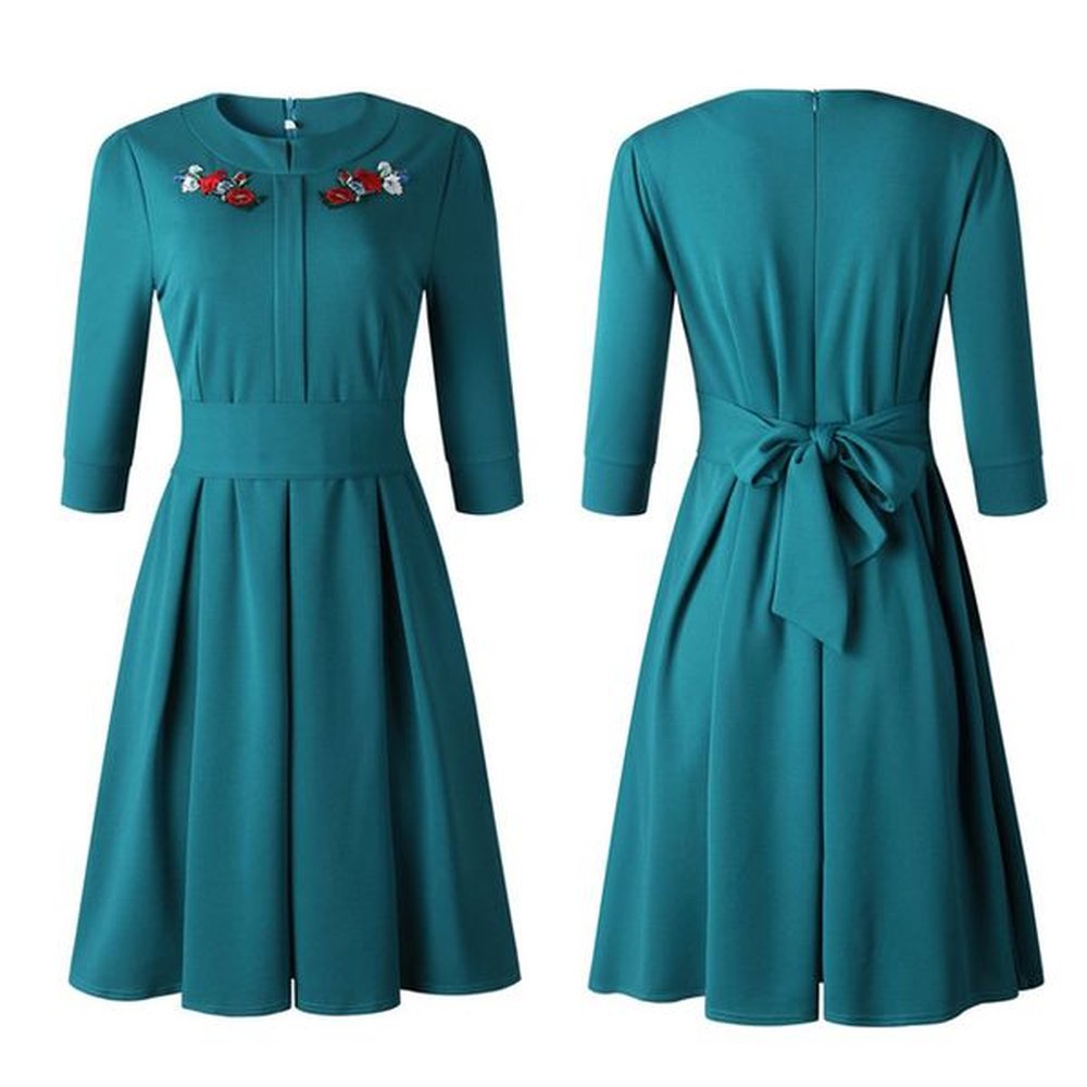 fashion embroidered solid pleated dress spring autumn party a line