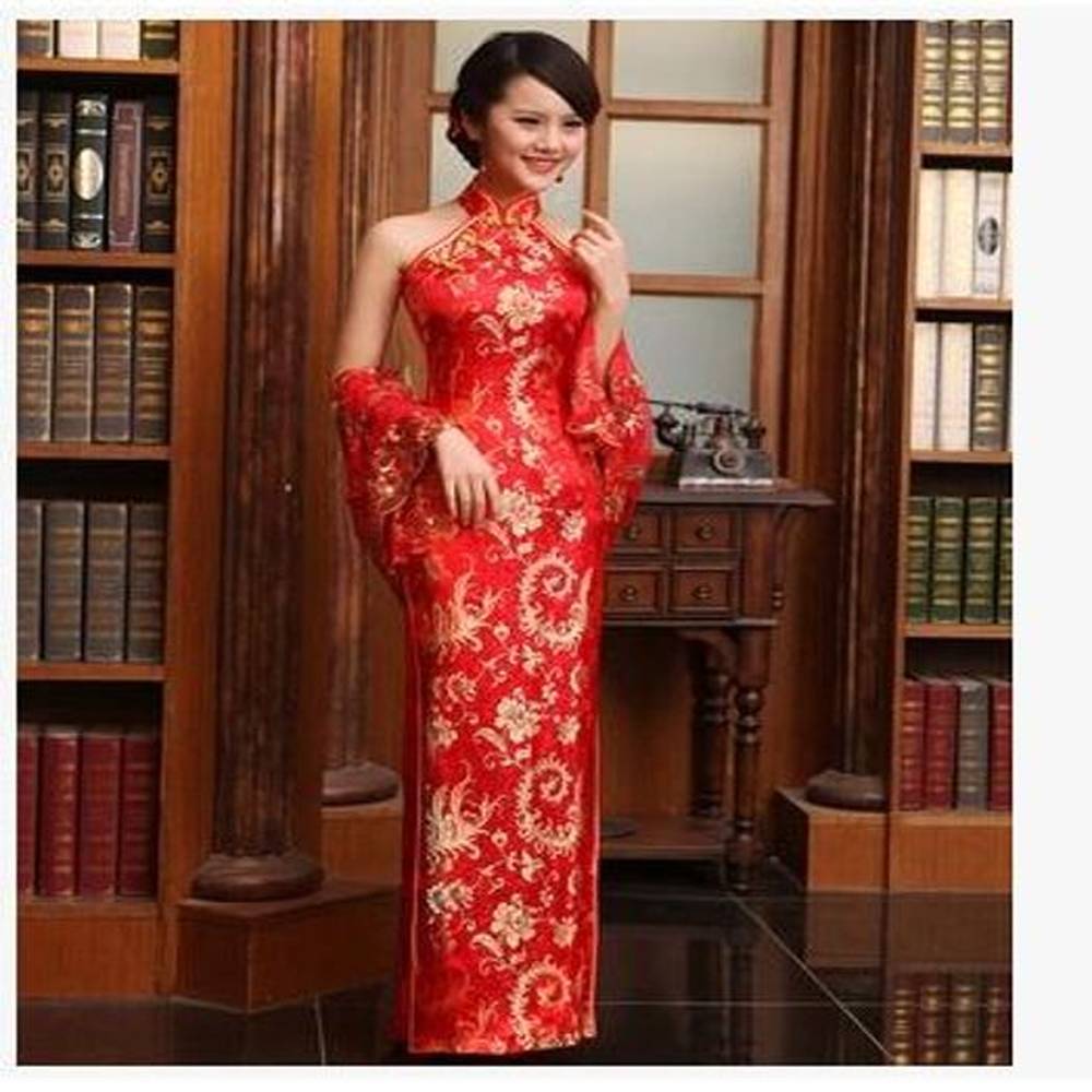 fashion embroidery side split halter backless red cheongsam floor
