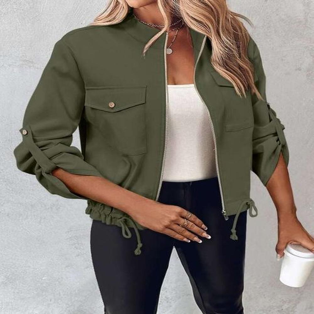 fashion flip pocket curly tongue sleeve drawstring bottom zipper