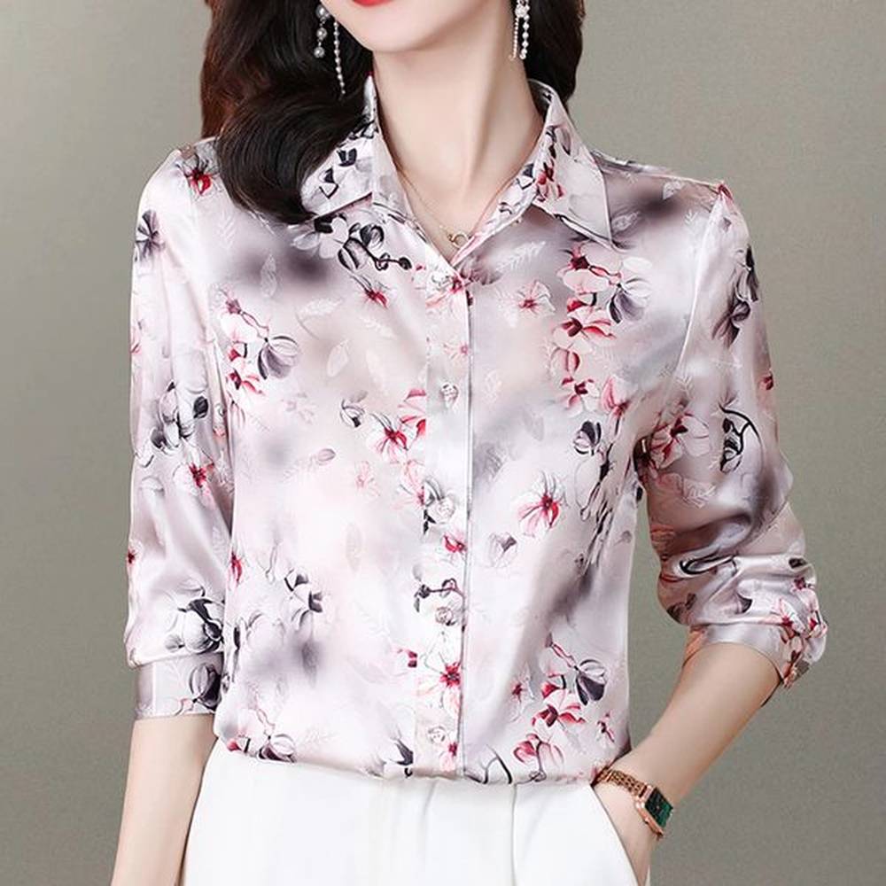 fashion flower printed women shirts long sleeve casual satin blouses