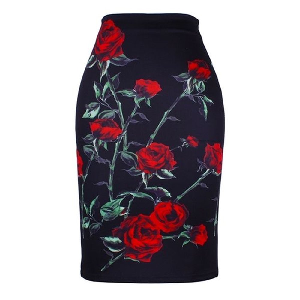 fashion flower red roses print women pencil skirts lady midi