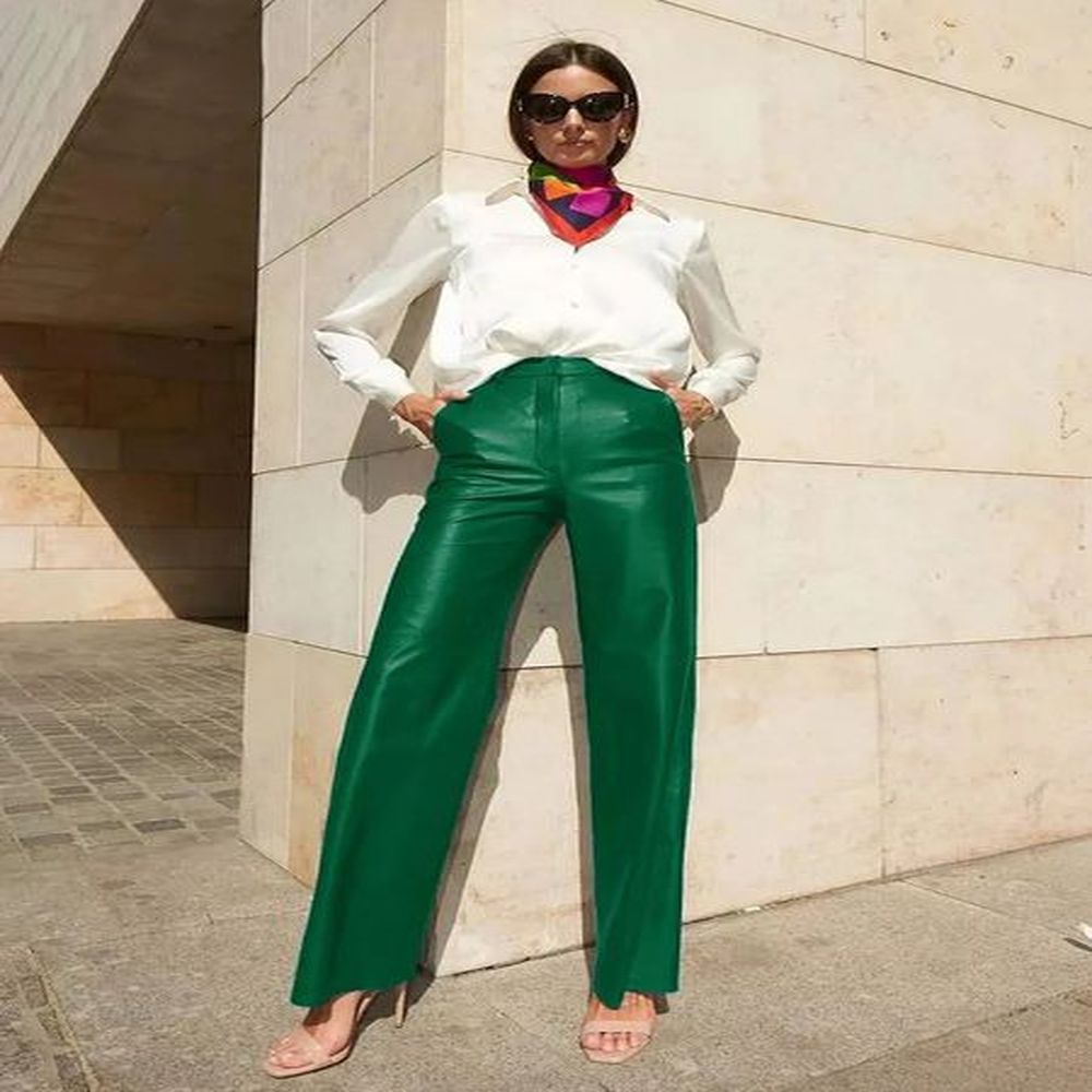 fashion green pu leather womens pants elegant ultrathin high waisted