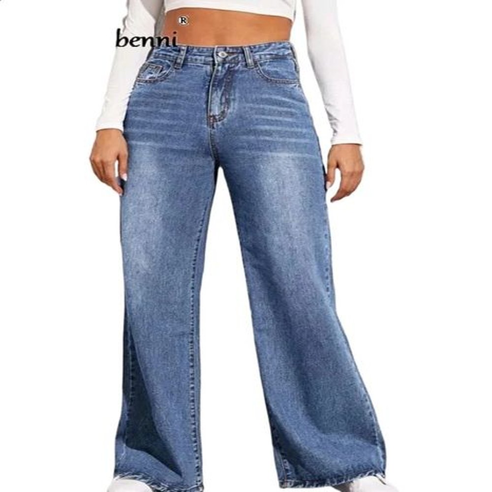 fashion high waist straight jeans women autumn blue casual loose