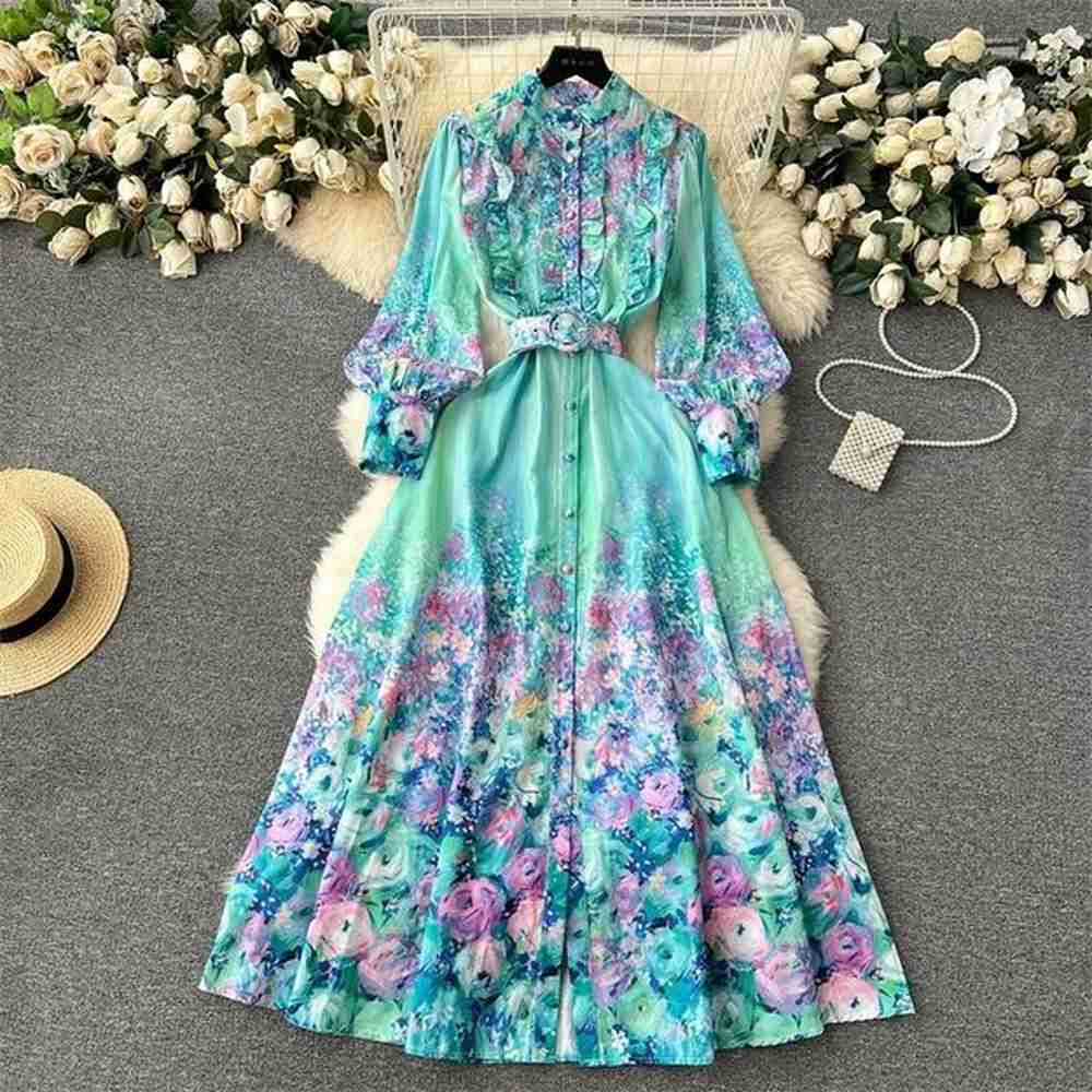 fashion holiday flower maxi dress womens stand collar lantern sleeve