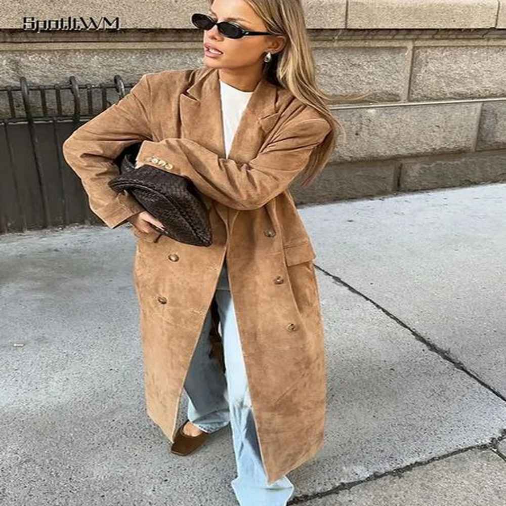 fashion khaki lapel long windbreaker jacket elegant casual suede leather