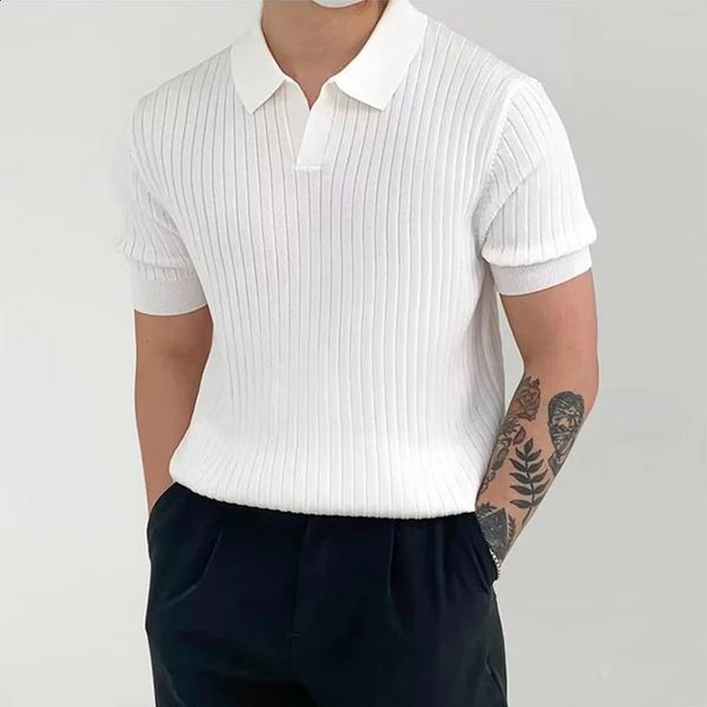 Fashion knitted solid color mens polo shirt ultra-thin short sleeved lapel ribbon polo T-shirt summer mens clothing casual top 241203