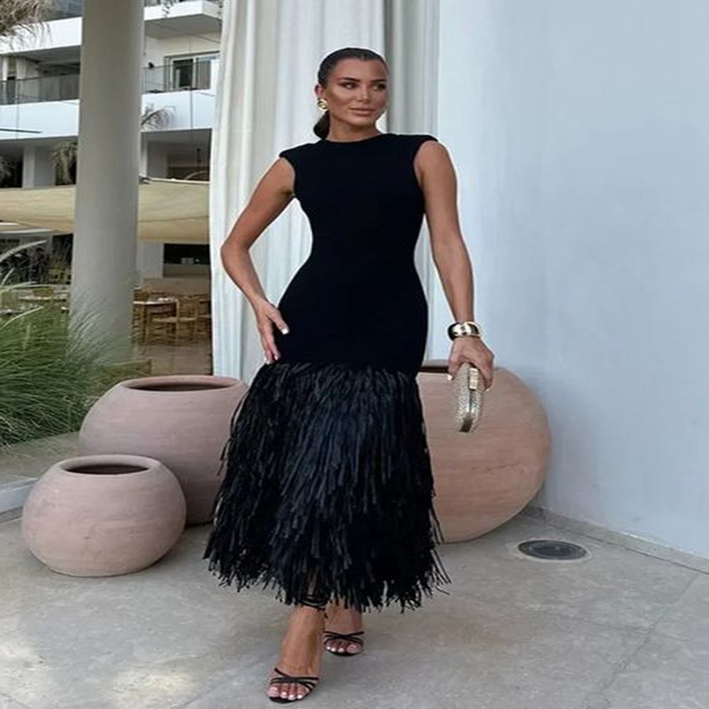fashion knitted tassels hem women long dress elegant o neck