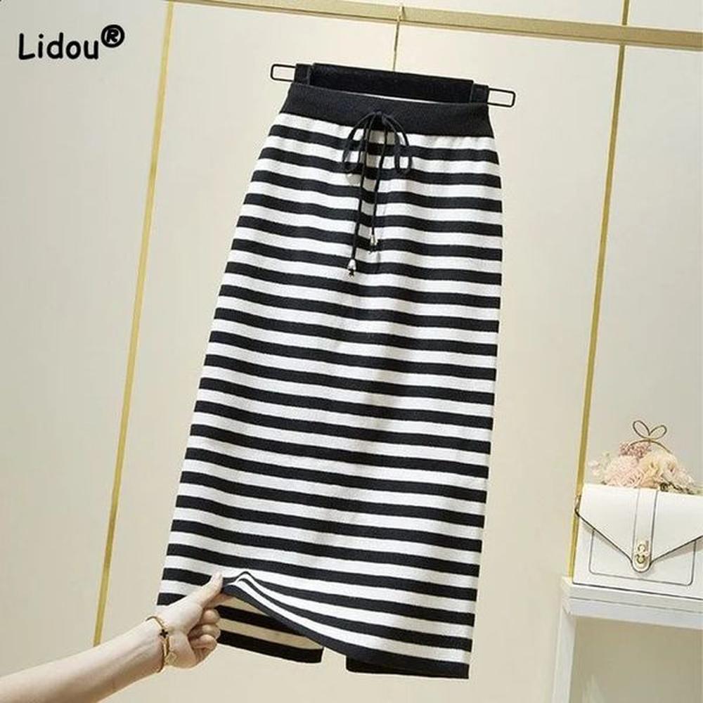 fashion korean lace up striped knitted skirt womens clothing autumn