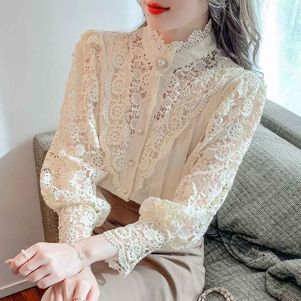 fashion lace blouse women white shirt spring puff sleeve slim