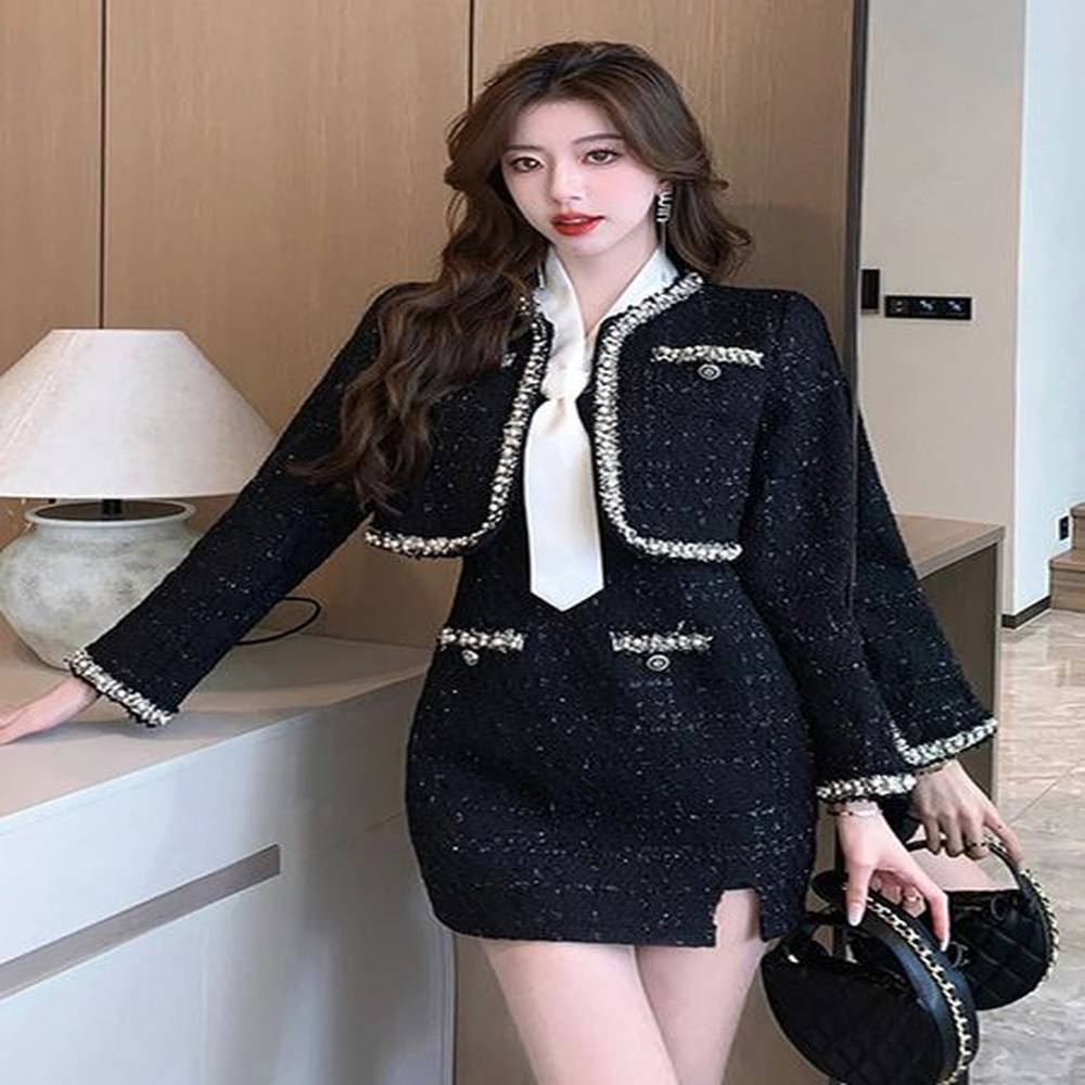 fashion ladies vintage black tweed pieces outfits women clothing