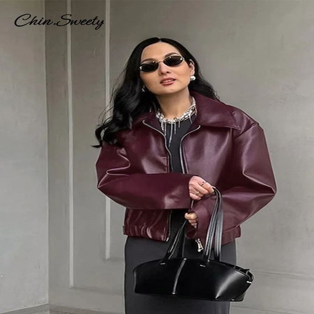 fashion lapel leather bomber jacket women loose zipper long sleeves