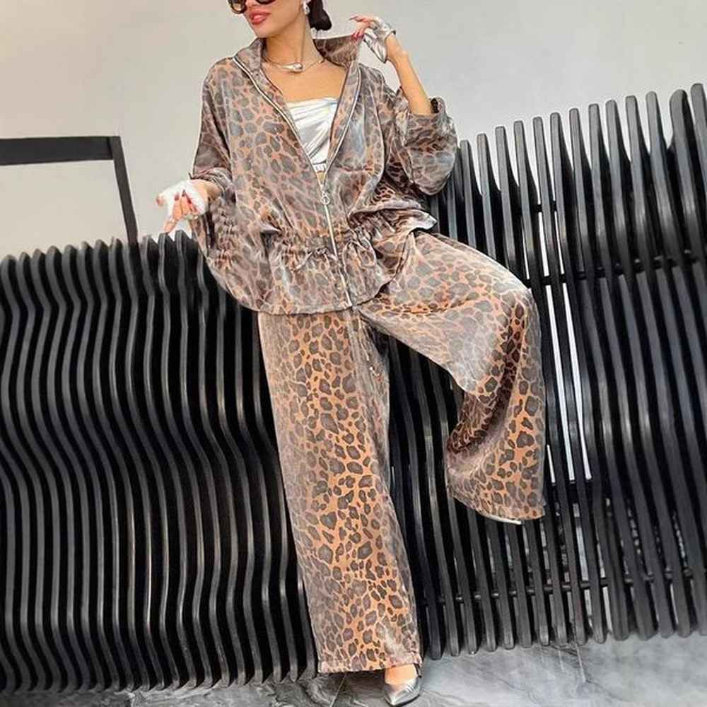 Fashion Leopard Print 2 Piece Set Fall Lapel Zipper Drawstring Coat Wideleg Pants Outfit Spring Autumn Long Sleeve Suit 241204