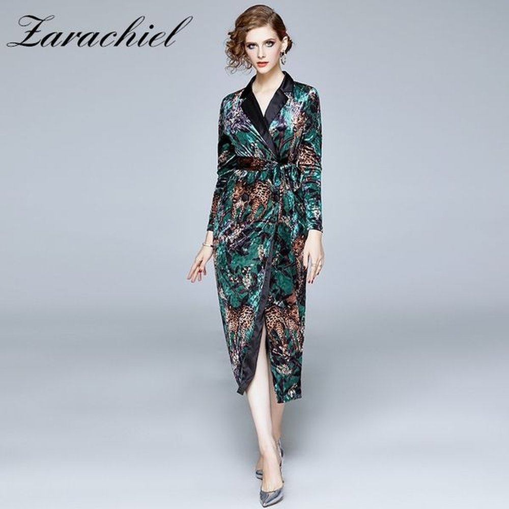 fashion leopard printed velvet women winter notched doublebreasted office lady