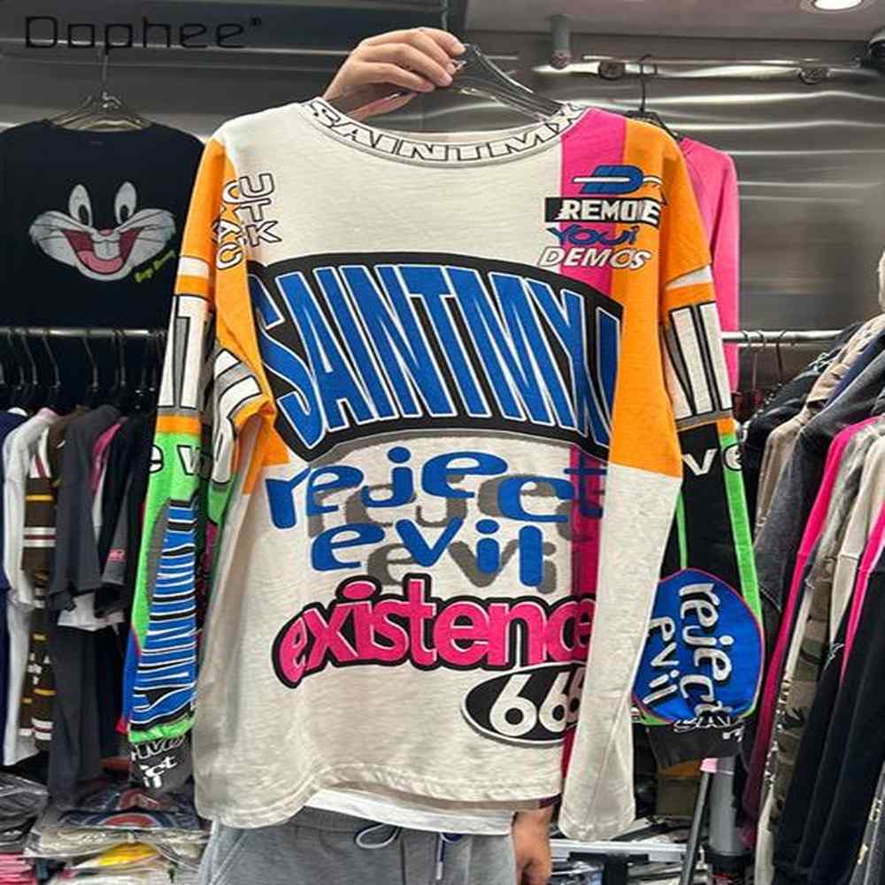 Fashion letter printed loose long sleeved Tshirt for womens springsummer round neck zipper mid length cotton top 240810