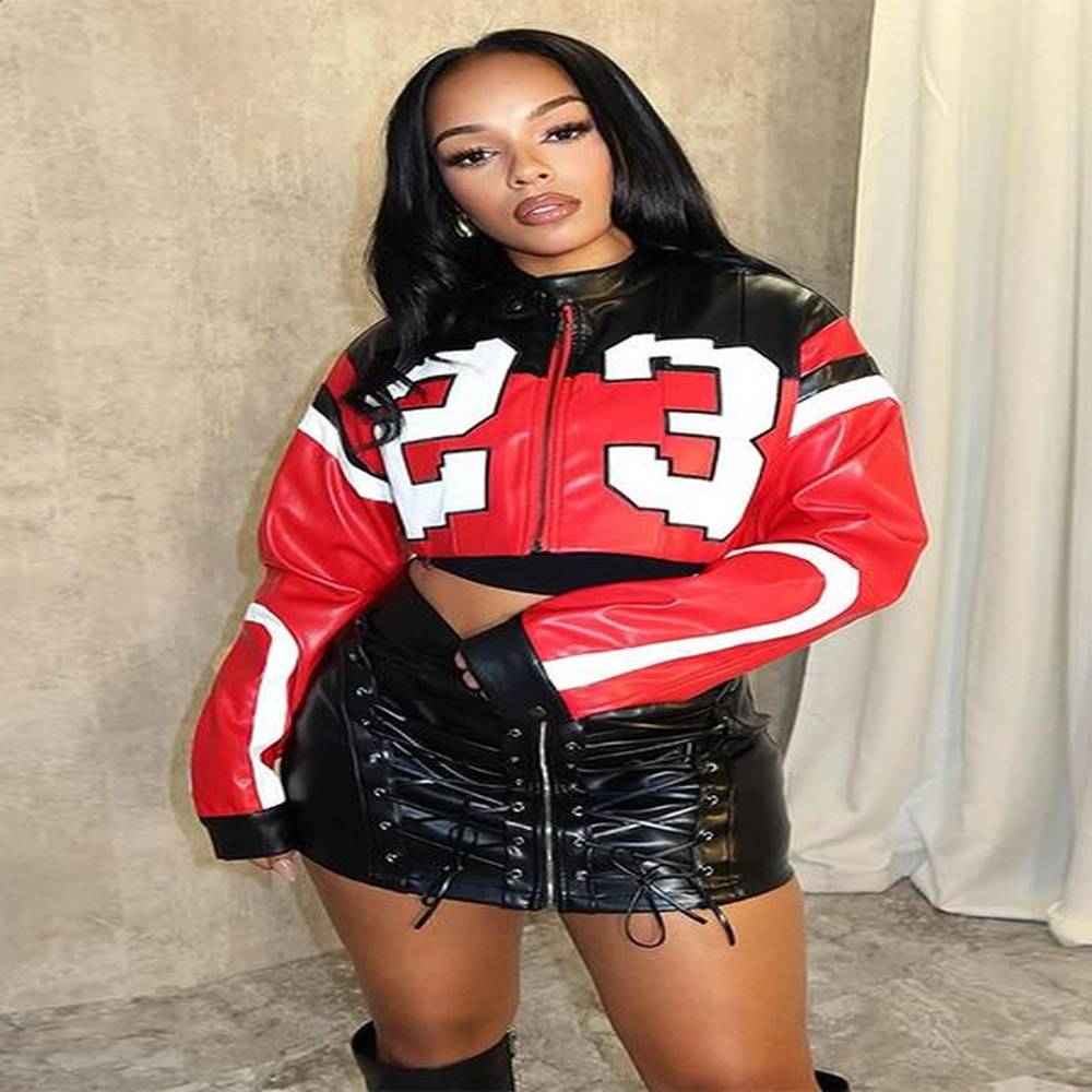 fashion letter zipper pu leather bomber jacket womens casual long