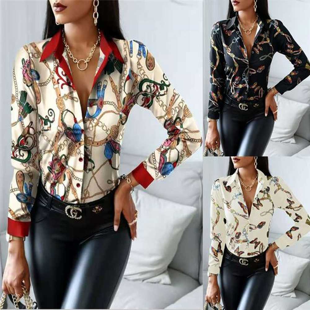 fashion long sleeve printing shirts women casual button up shirt