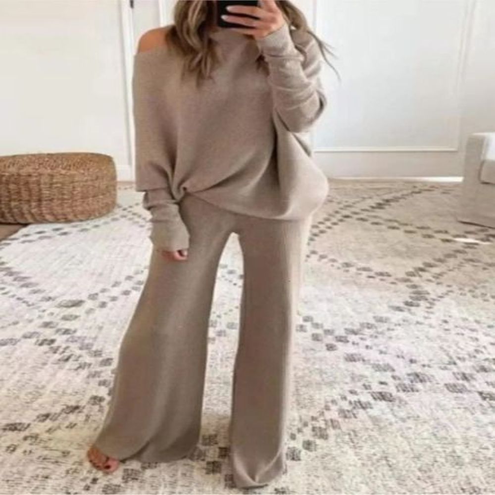 Fashion Longsleeved Bateau Collar Top Wideleg Pants 2piece Set Women Elegant Autumn Solid Color Knitted Loose Suit Female 241204