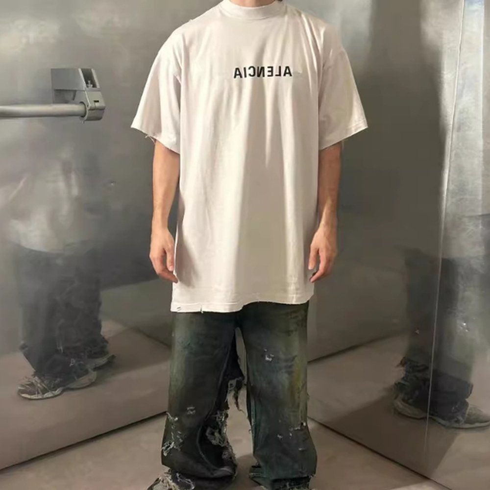 Fashion Loose Ripped T-shirt for Mens Short Sleeve Printed T-shirt