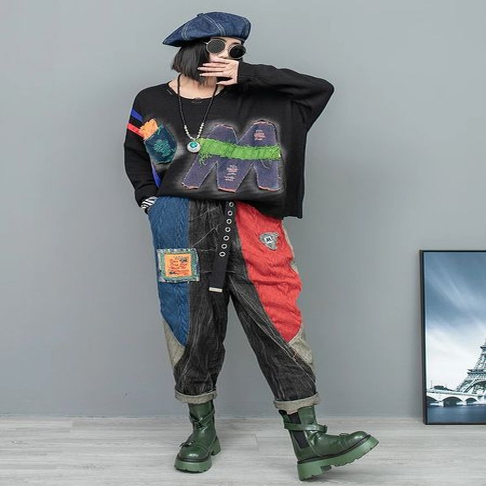 fashion loose suit womens patch distressed ripped pullover oneck long