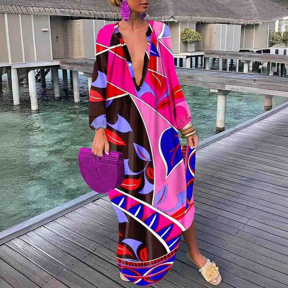 fashion maxi dresses long sleeves for women printed vneck ladies